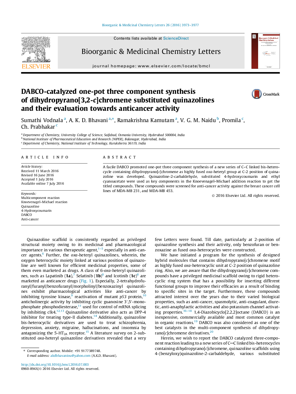 DABCO-catalyzed one-pot three component synthesis of dihydropyrano[3,2-c]chromene substituted quinazolines and their evaluation towards anticancer activity