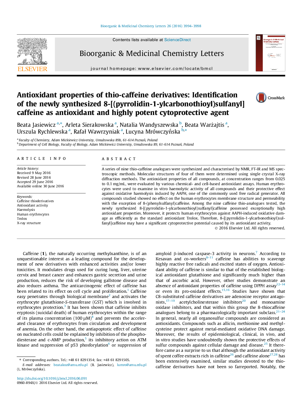 Antioxidant properties of thio-caffeine derivatives: Identification of the newly synthesized 8-[(pyrrolidin-1-ylcarbonothioyl)sulfanyl]caffeine as antioxidant and highly potent cytoprotective agent