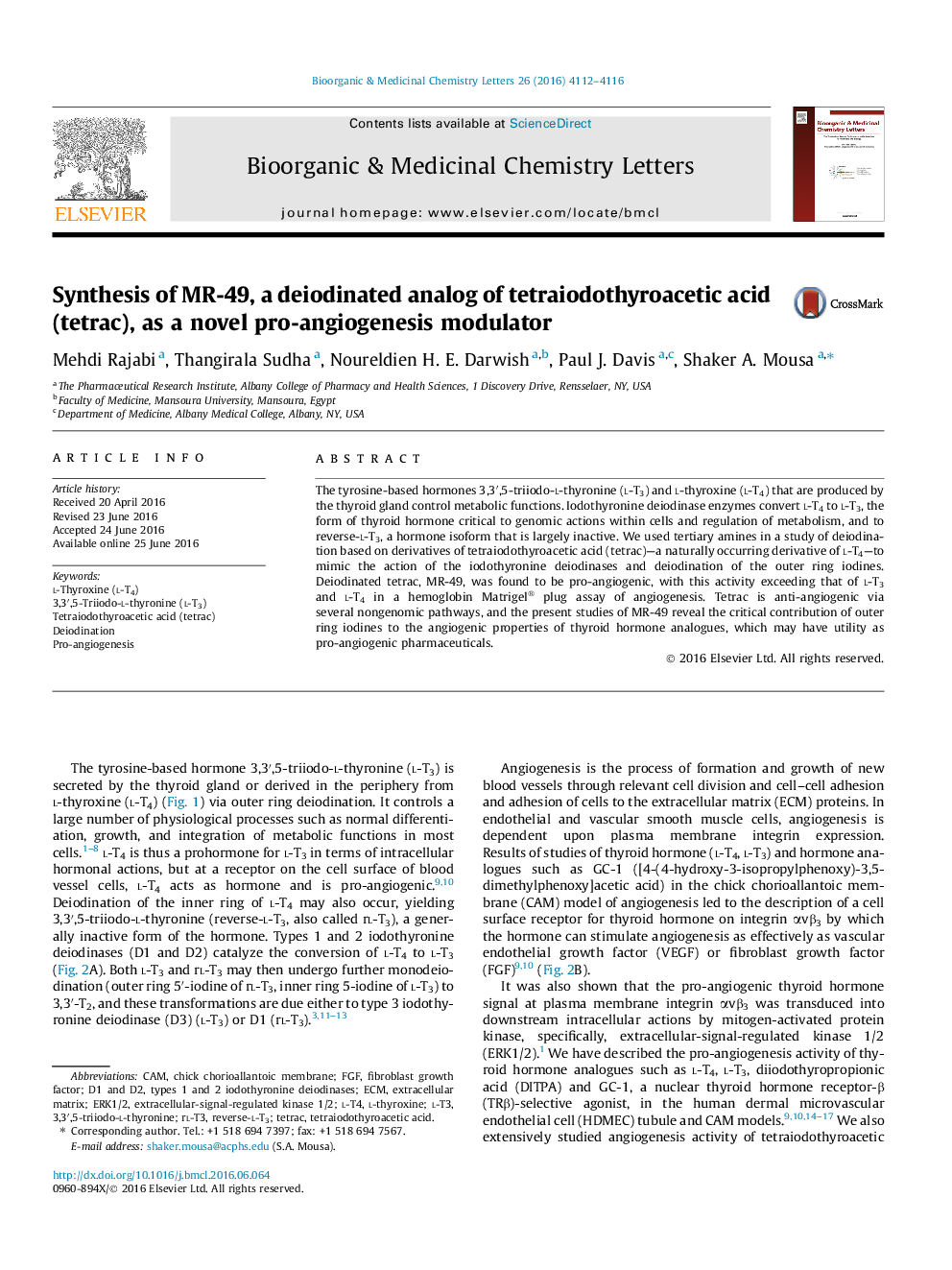 Synthesis of MR-49, a deiodinated analog of tetraiodothyroacetic acid (tetrac), as a novel pro-angiogenesis modulator