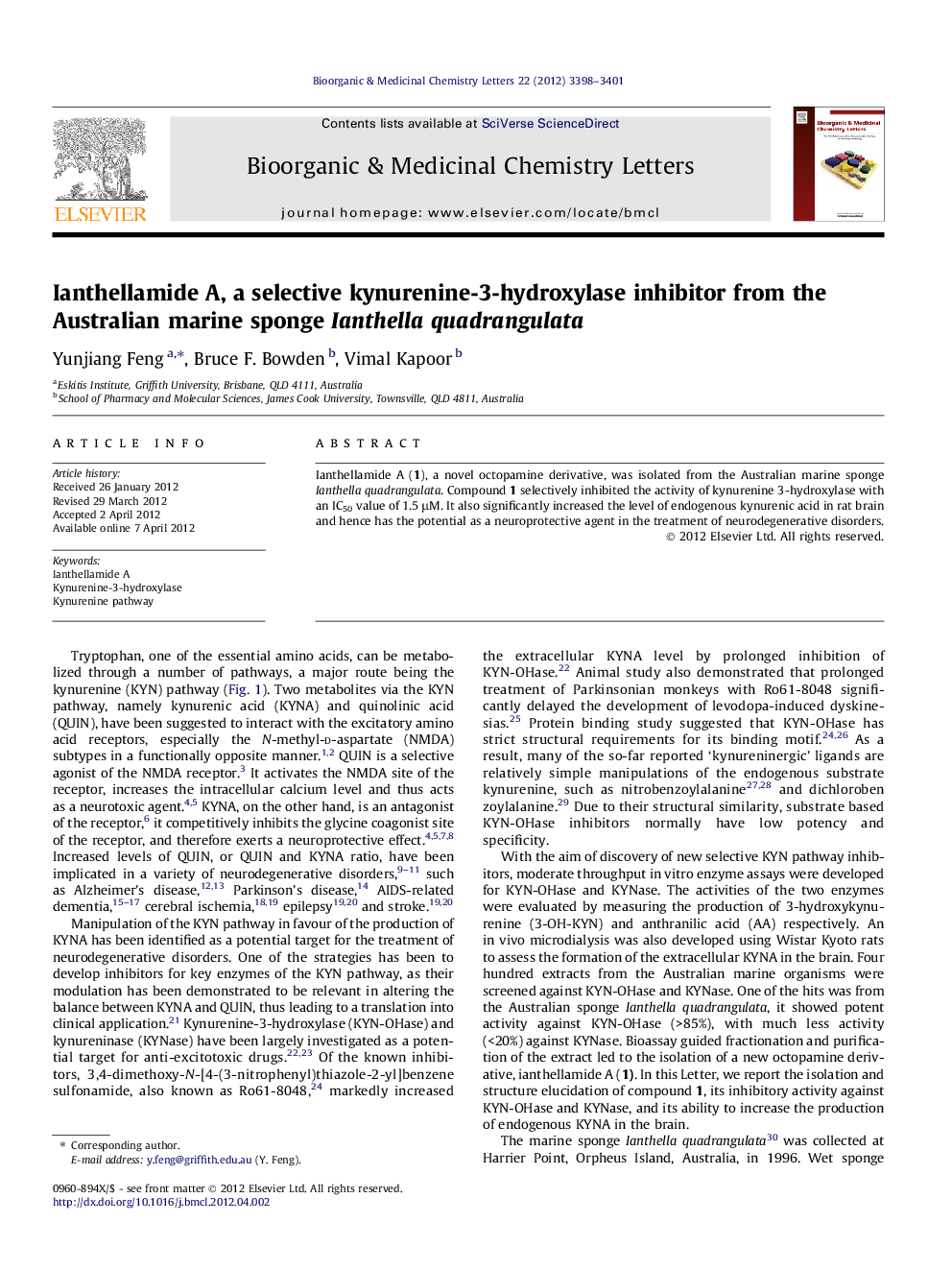 Ianthellamide A, a selective kynurenine-3-hydroxylase inhibitor from the Australian marine sponge Ianthella quadrangulata