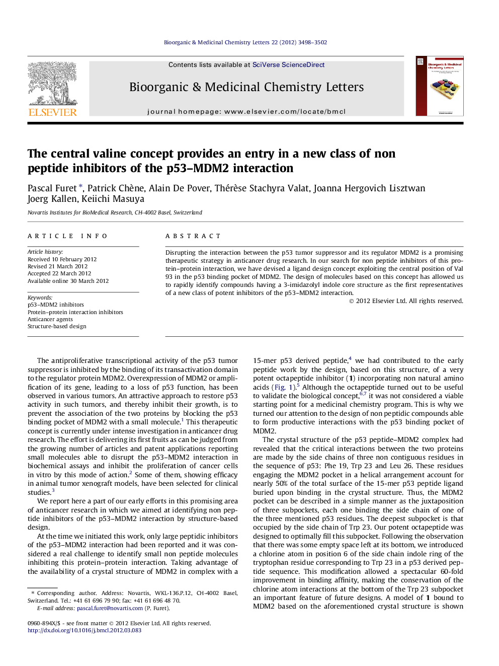 The central valine concept provides an entry in a new class of non peptide inhibitors of the p53–MDM2 interaction