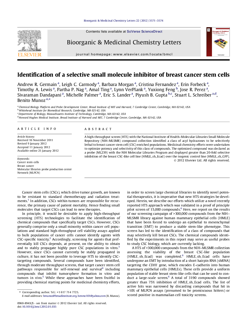 Identification of a selective small molecule inhibitor of breast cancer stem cells