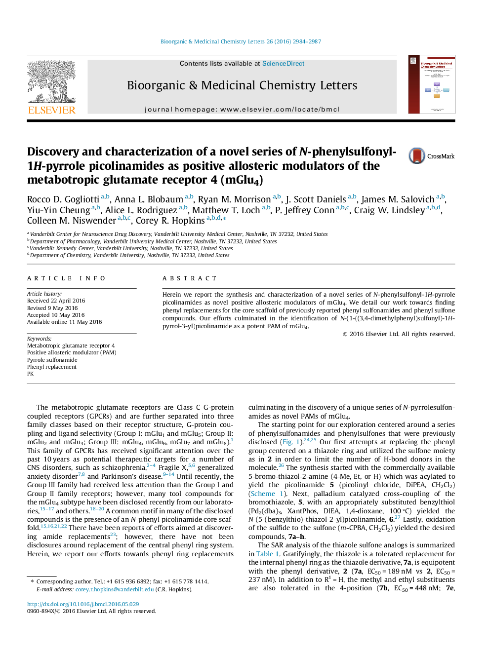 کشف و مشخص کردن یک سری جدید از پیکولینامید های N-phenylsulfonyl-1H-pyrrole به عنوان مولکول های آلوستریک مثبت گیرنده 4 گلوتامات متابوتروپیک (mGlu4)