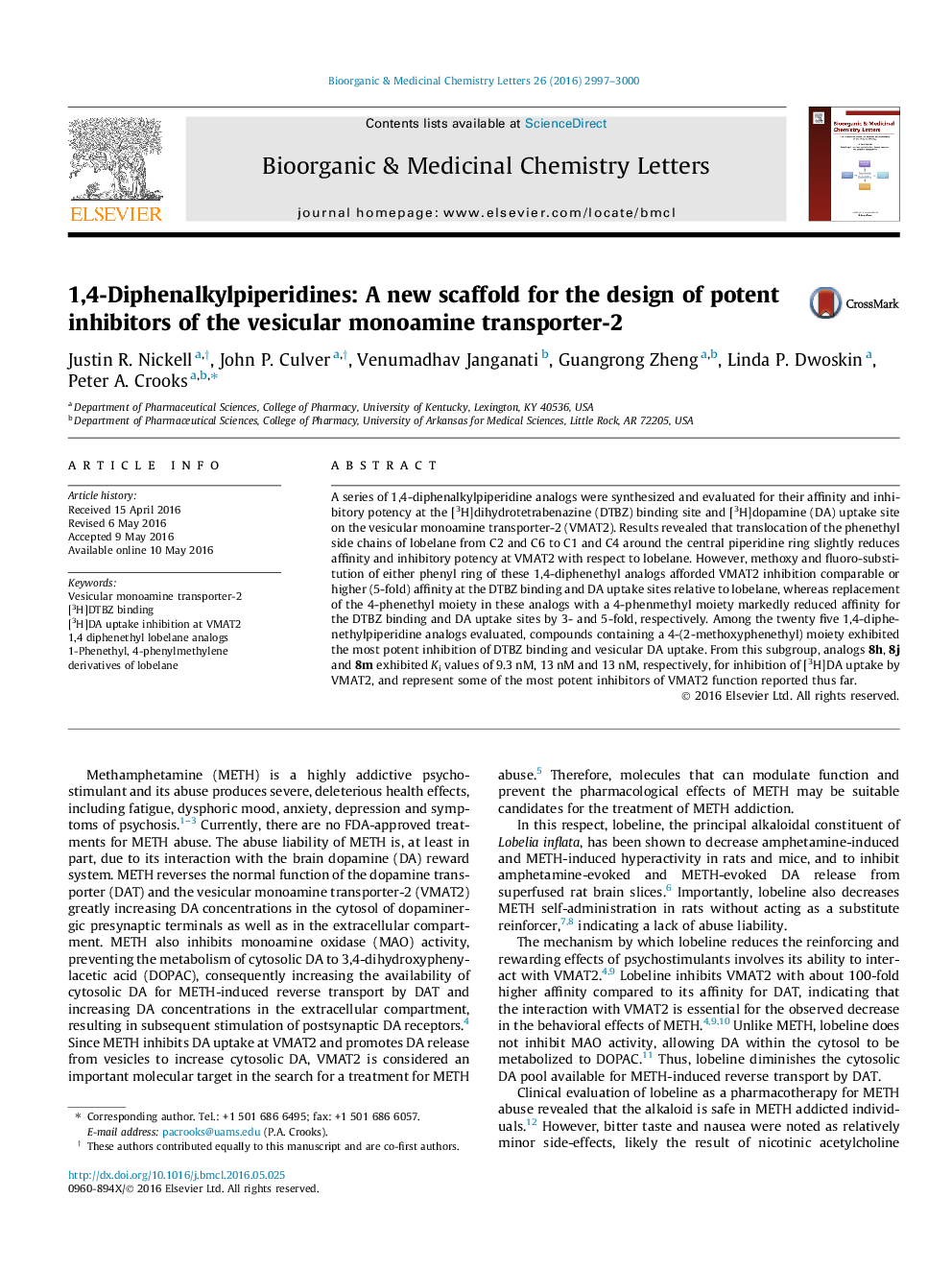 1,4-Diphenalkylpiperidines: A new scaffold for the design of potent inhibitors of the vesicular monoamine transporter-2