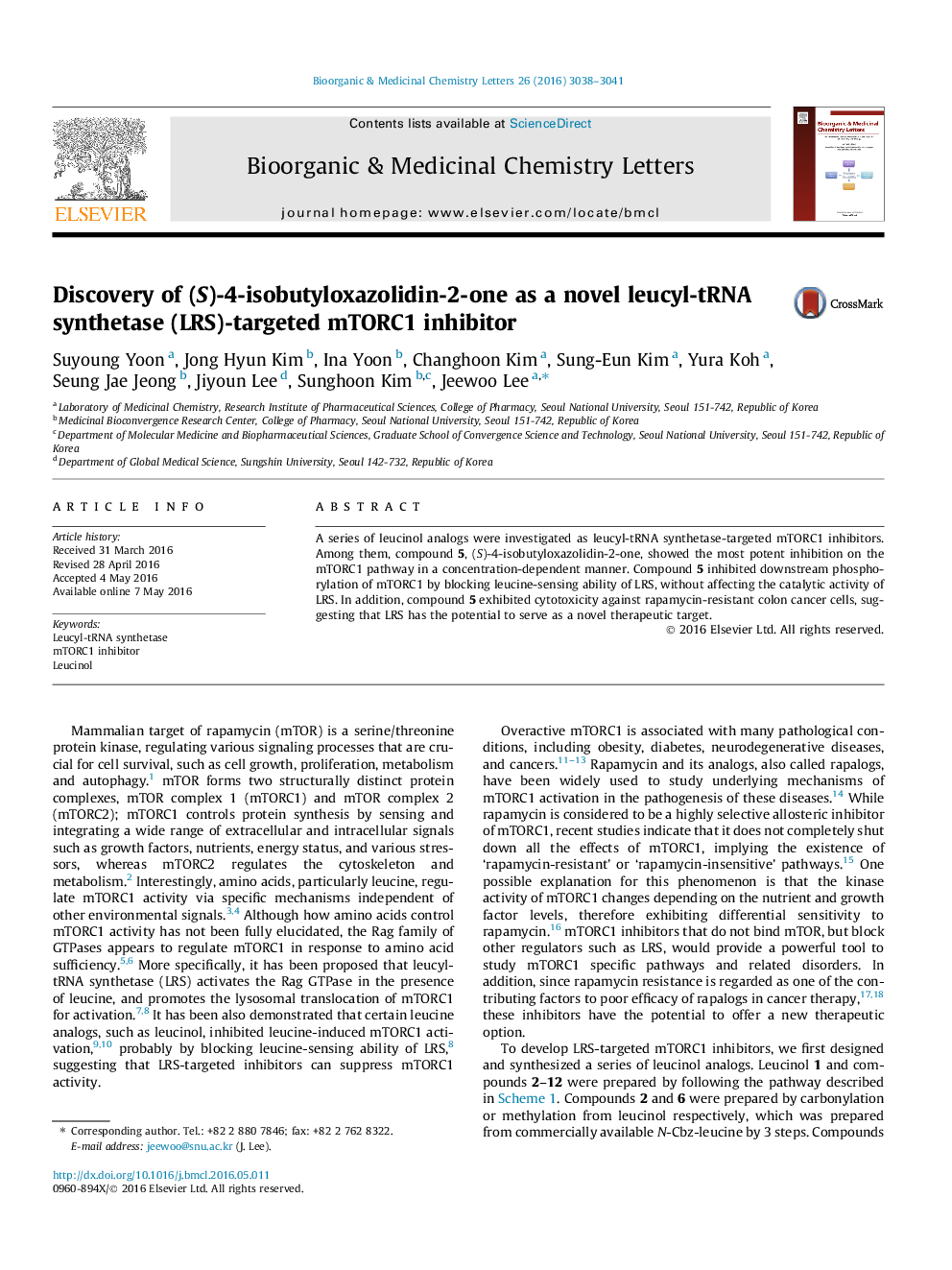 کشف (S) -4-isobutyloxazolidin-2-one به عنوان یک مهارکننده mTORC1 هدفمند از leucyl-tRNA synthetase (LRS)