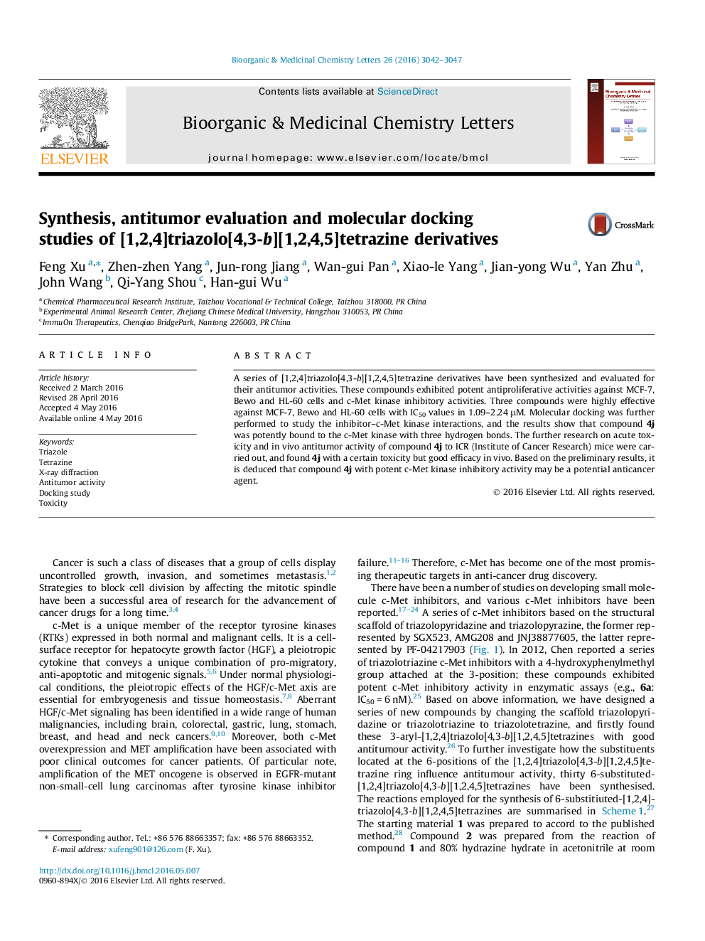 Synthesis, antitumor evaluation and molecular docking studies of [1,2,4]triazolo[4,3-b][1,2,4,5]tetrazine derivatives