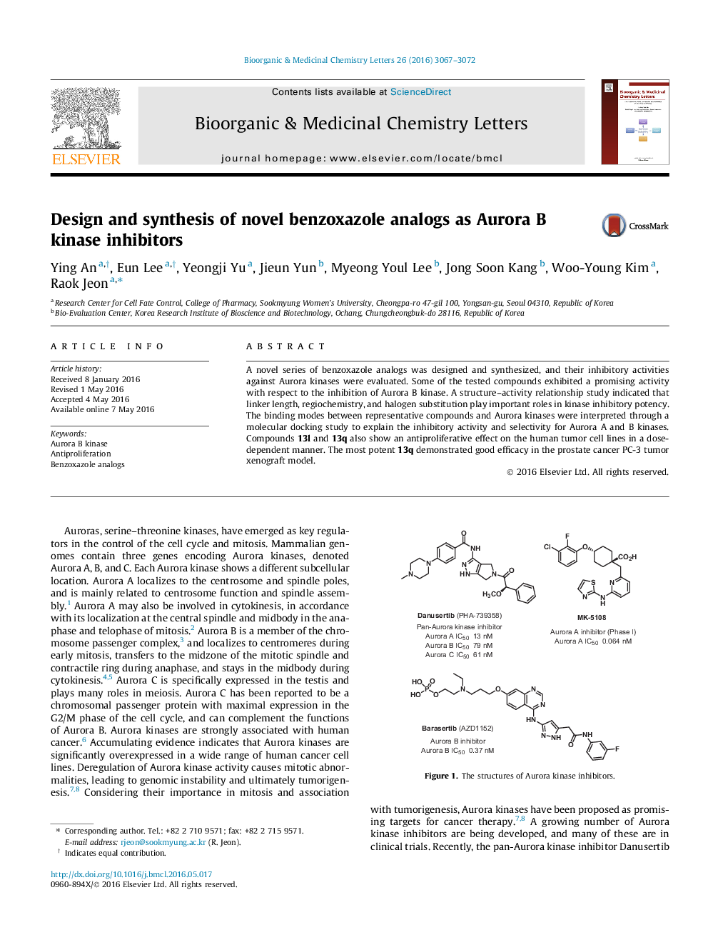 Design and synthesis of novel benzoxazole analogs as Aurora B kinase inhibitors