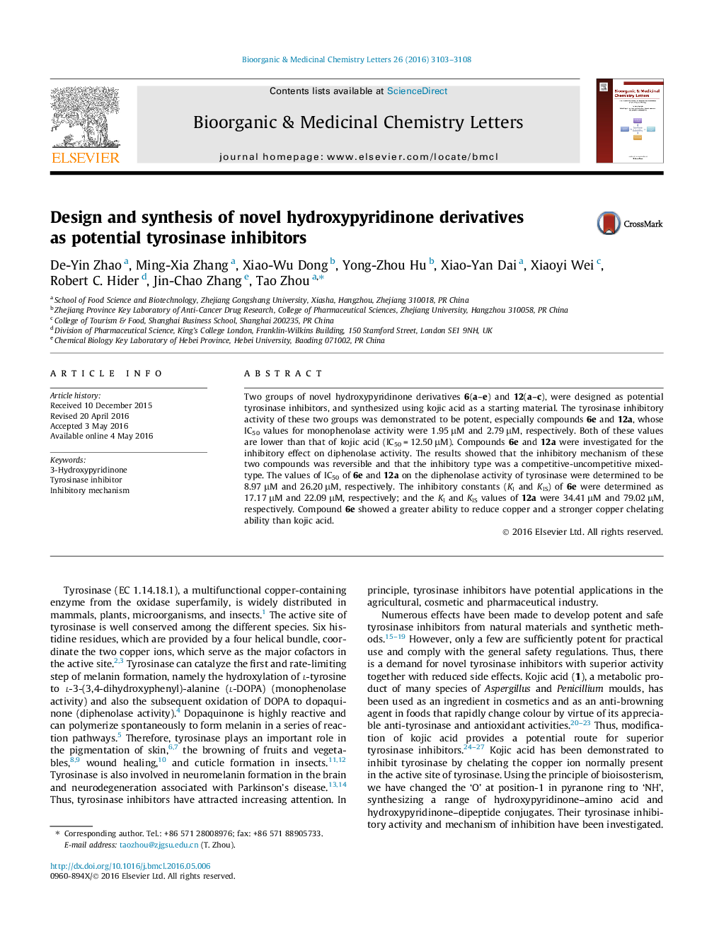 Design and synthesis of novel hydroxypyridinone derivatives as potential tyrosinase inhibitors