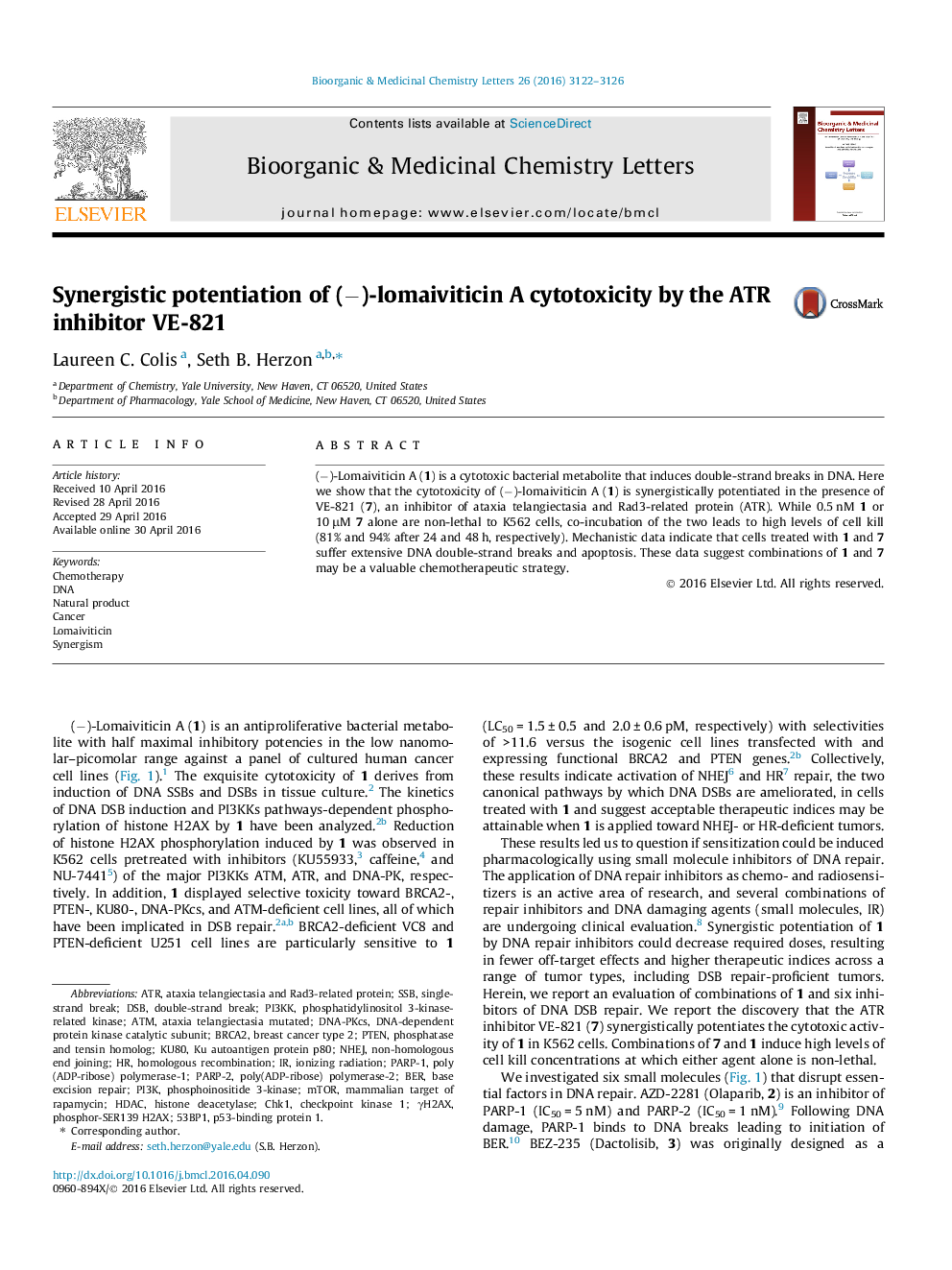 Synergistic potentiation of (−)-lomaiviticin A cytotoxicity by the ATR inhibitor VE-821