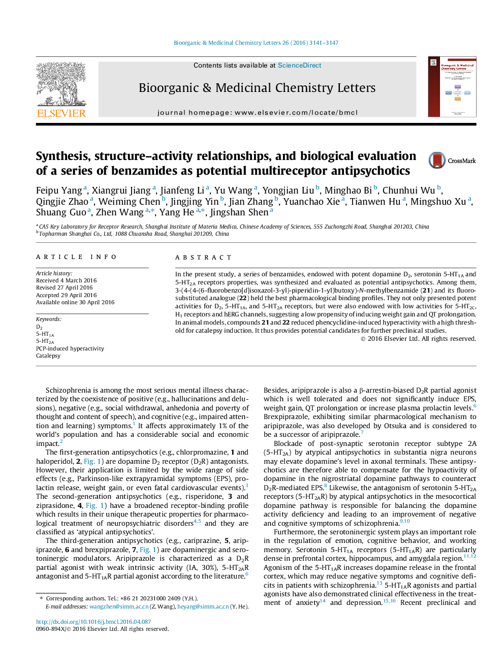 Synthesis, structure–activity relationships, and biological evaluation of a series of benzamides as potential multireceptor antipsychotics