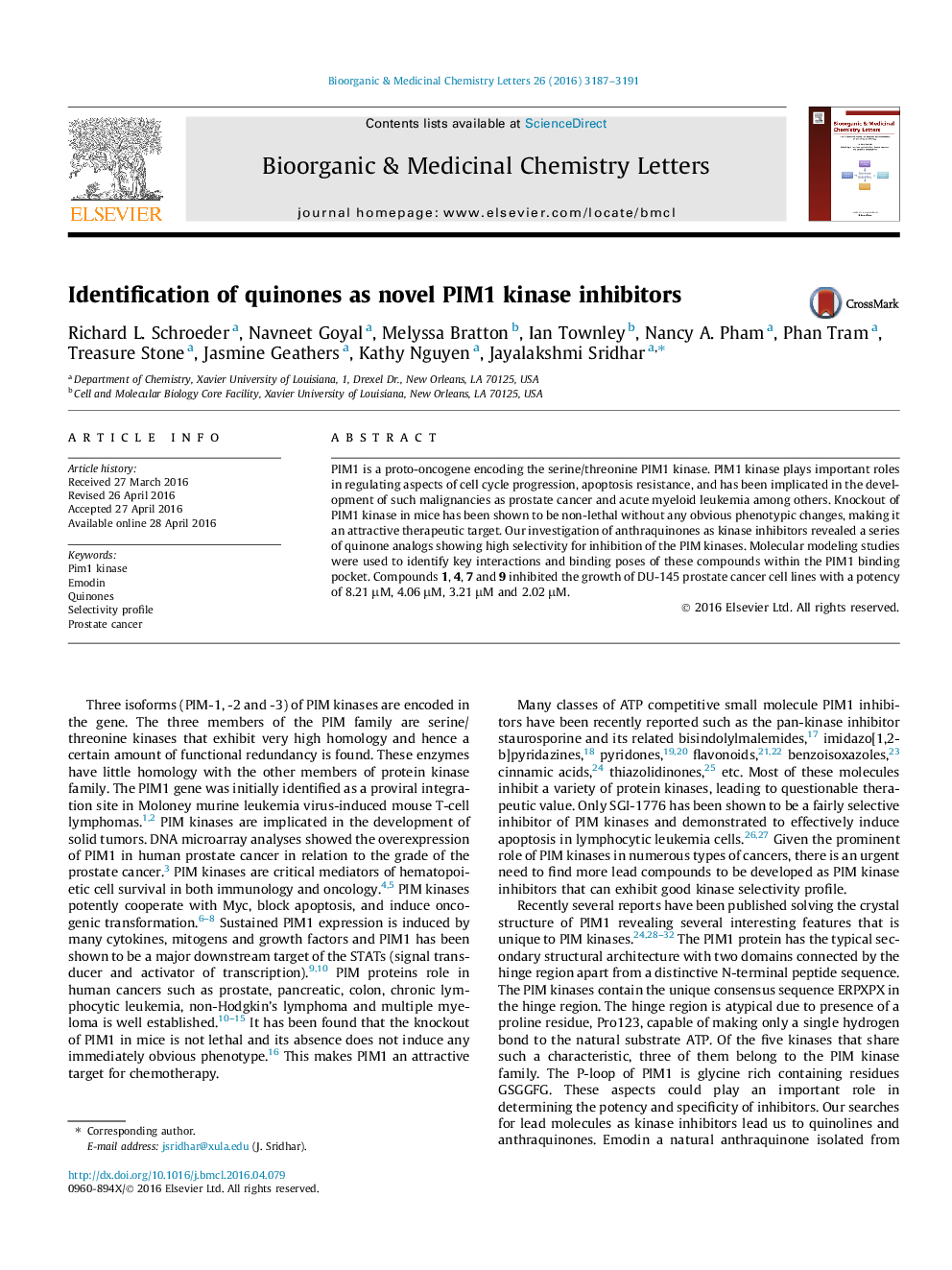 Identification of quinones as novel PIM1 kinase inhibitors