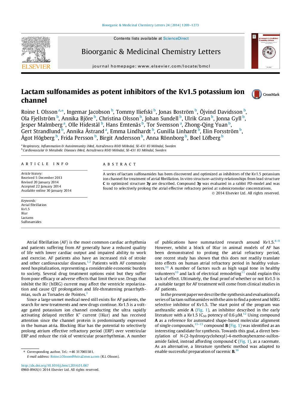 Lactam sulfonamides as potent inhibitors of the Kv1.5 potassium ion channel