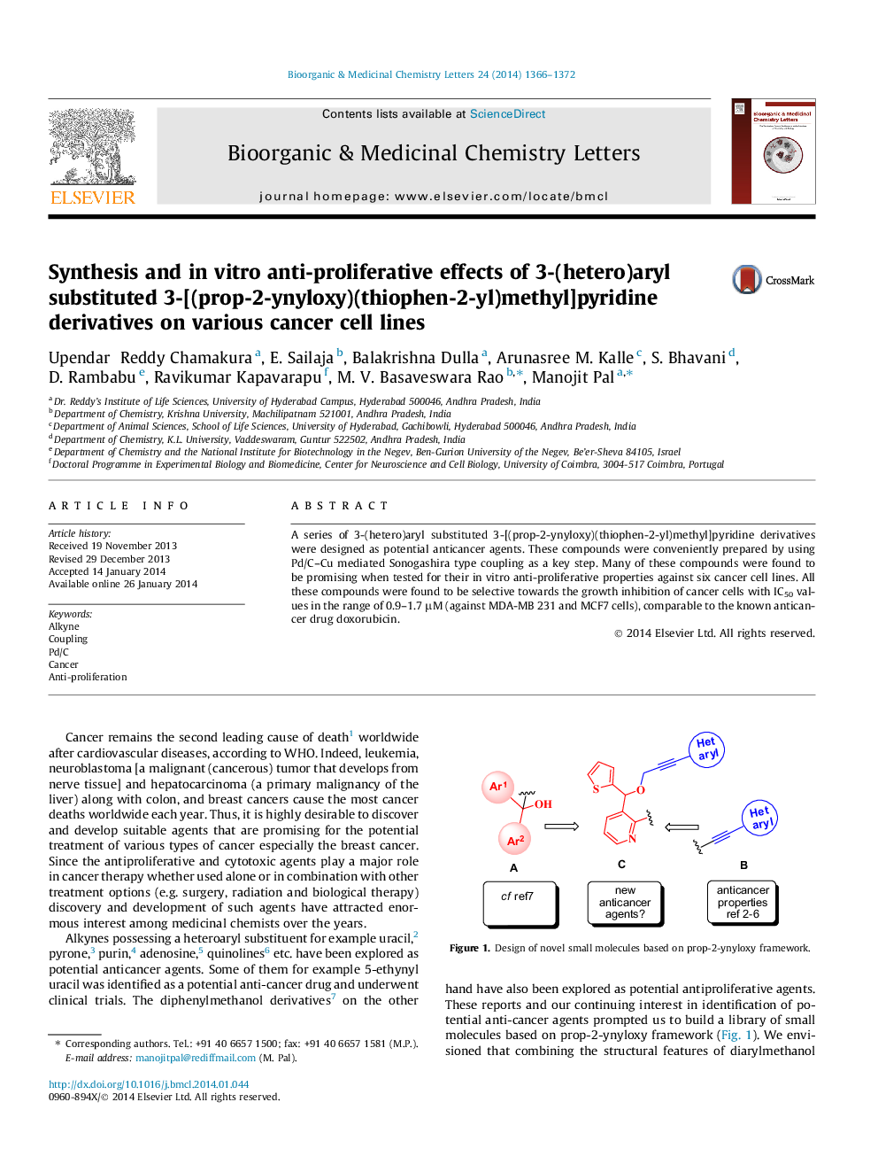 Synthesis and in vitro anti-proliferative effects of 3-(hetero)aryl substituted 3-[(prop-2-ynyloxy)(thiophen-2-yl)methyl]pyridine derivatives on various cancer cell lines