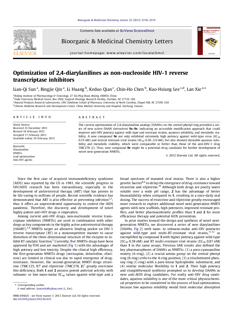 Optimization of 2,4-diarylanilines as non-nucleoside HIV-1 reverse transcriptase inhibitors