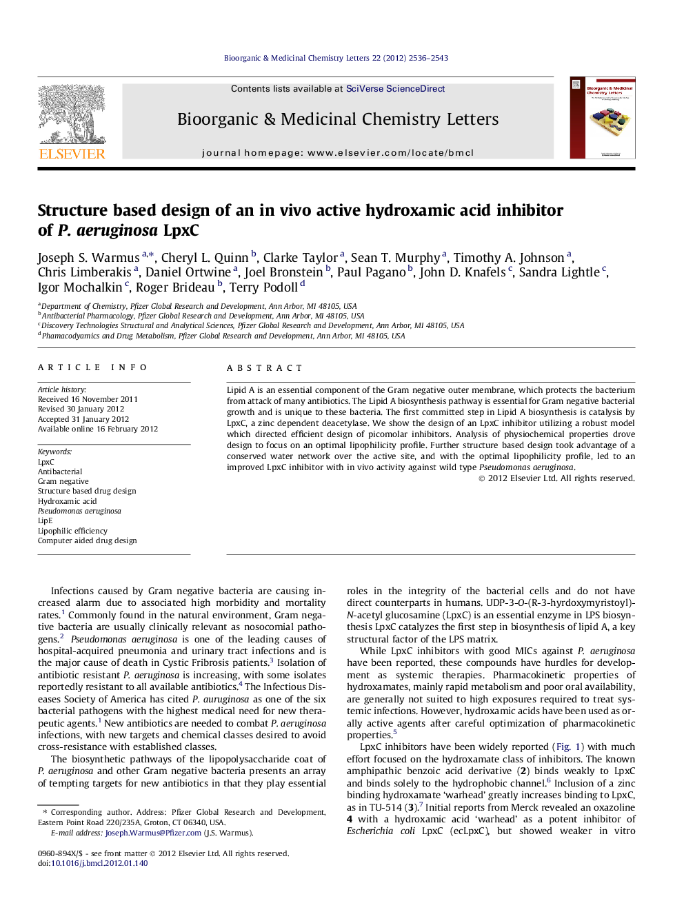 Structure based design of an in vivo active hydroxamic acid inhibitor of P. aeruginosa LpxC