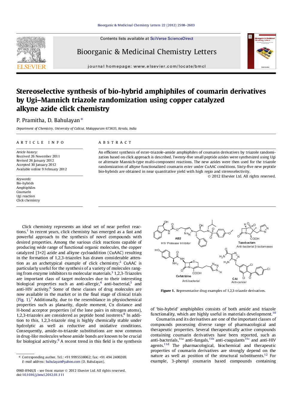 Stereoselective synthesis of bio-hybrid amphiphiles of coumarin derivatives by Ugi–Mannich triazole randomization using copper catalyzed alkyne azide click chemistry