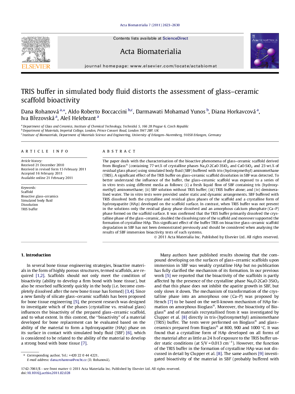 TRIS buffer in simulated body fluid distorts the assessment of glass–ceramic scaffold bioactivity