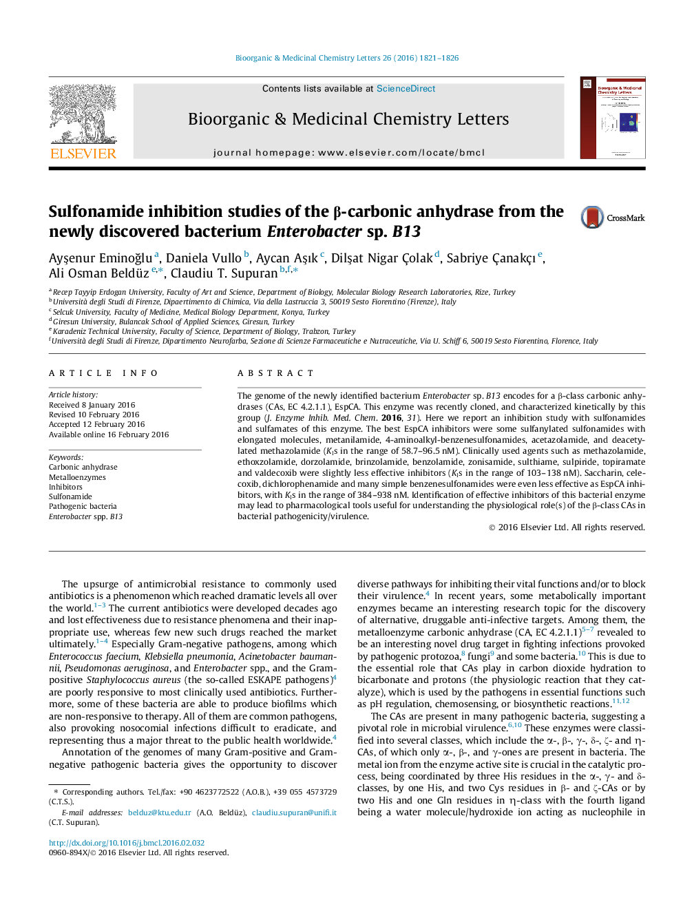 Sulfonamide inhibition studies of the β-carbonic anhydrase from the newly discovered bacterium Enterobacter sp. B13