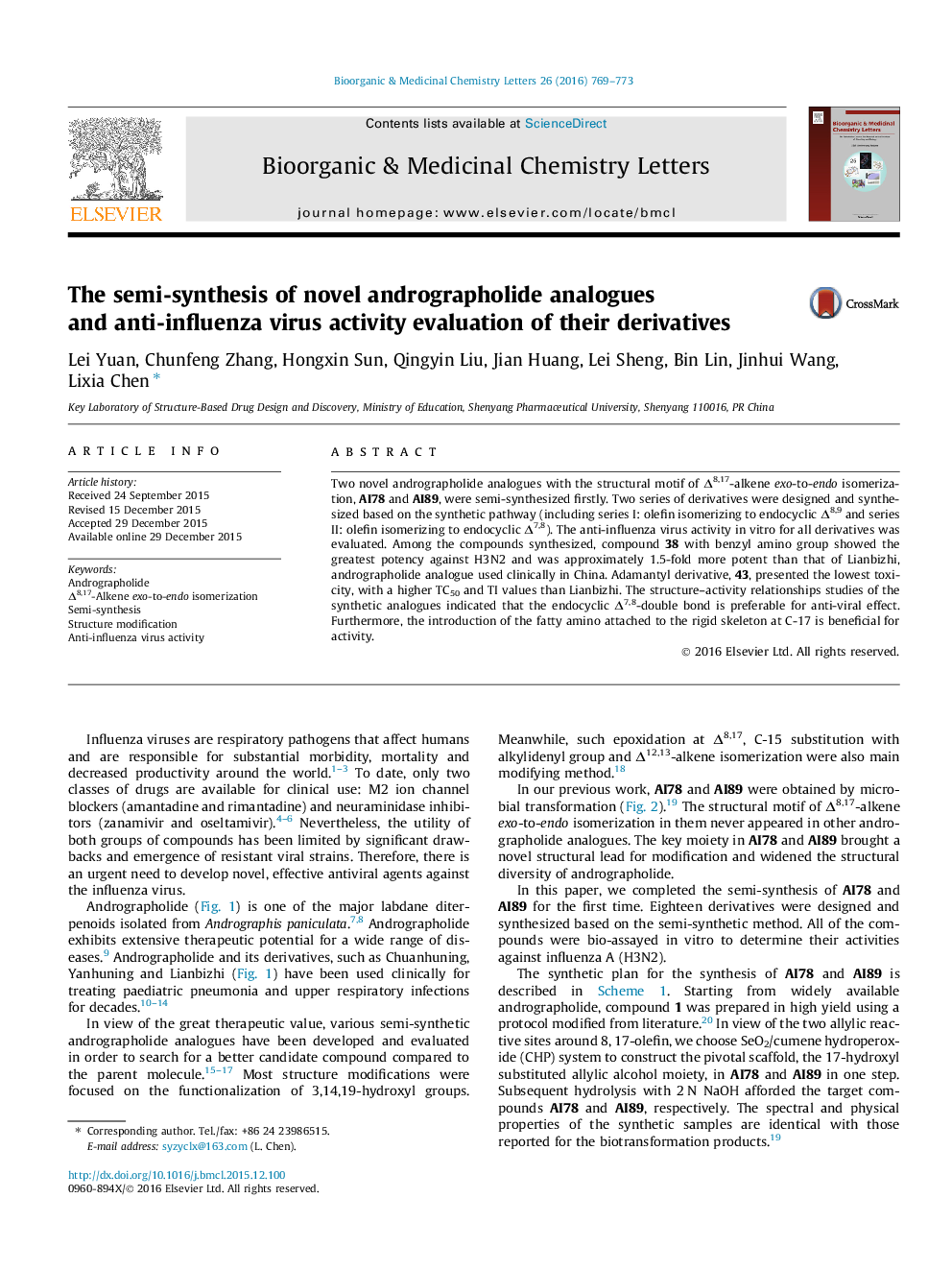 The semi-synthesis of novel andrographolide analogues and anti-influenza virus activity evaluation of their derivatives