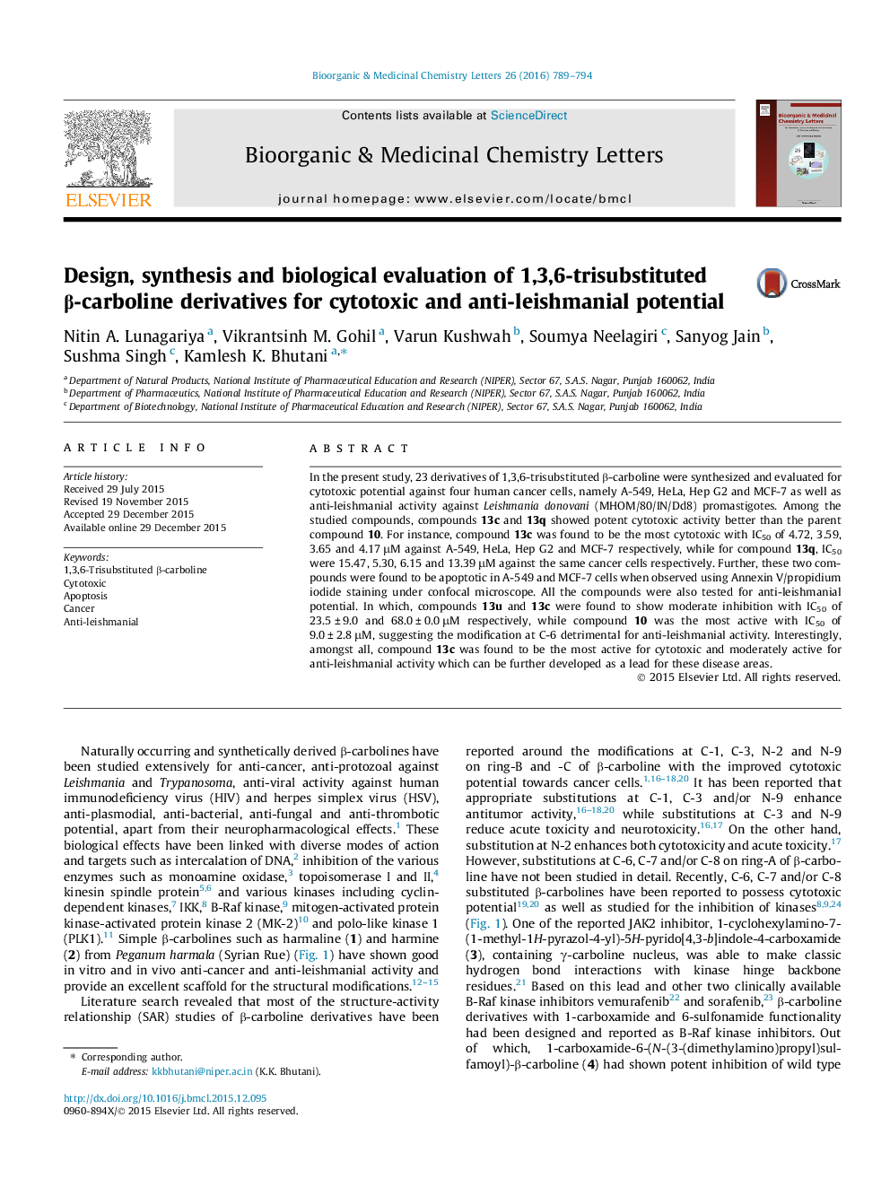 Design, synthesis and biological evaluation of 1,3,6-trisubstituted β-carboline derivatives for cytotoxic and anti-leishmanial potential