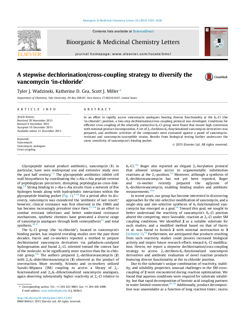 A stepwise dechlorination/cross-coupling strategy to diversify the vancomycin ‘in-chloride’