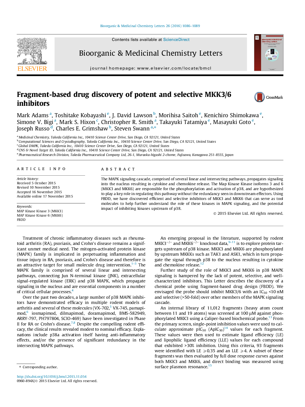 Fragment-based drug discovery of potent and selective MKK3/6 inhibitors