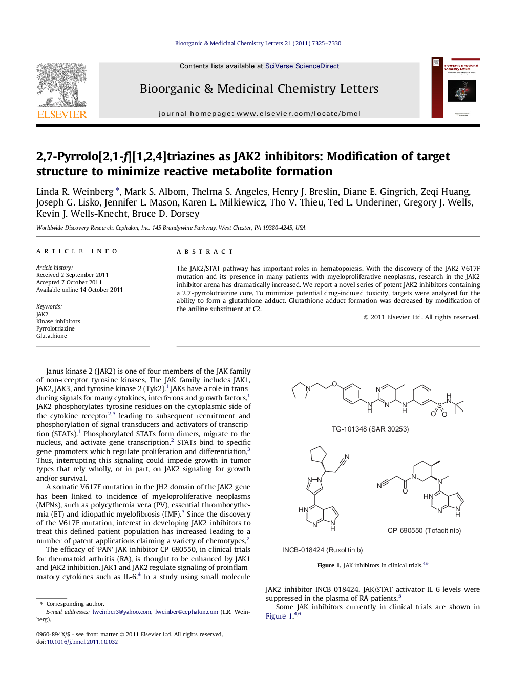 2,7-Pyrrolo[2,1-f][1,2,4]triazines as JAK2 inhibitors: Modification of target structure to minimize reactive metabolite formation