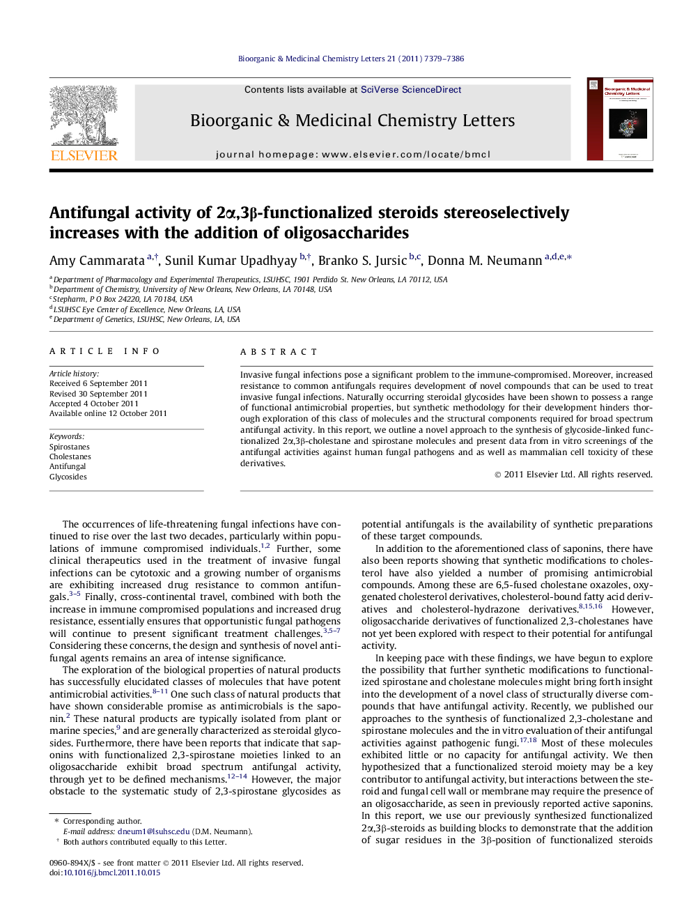 Antifungal activity of 2α,3β-functionalized steroids stereoselectively increases with the addition of oligosaccharides