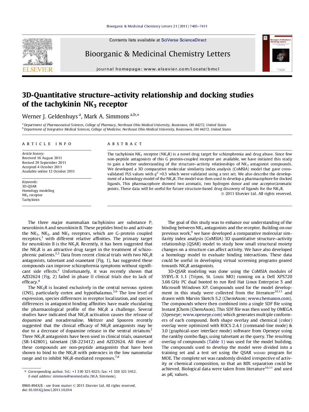 3D-Quantitative structure–activity relationship and docking studies of the tachykinin NK3 receptor