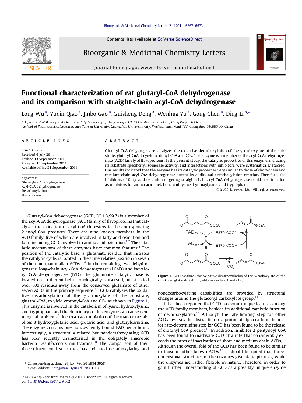 Functional characterization of rat glutaryl-CoA dehydrogenase and its comparison with straight-chain acyl-CoA dehydrogenase