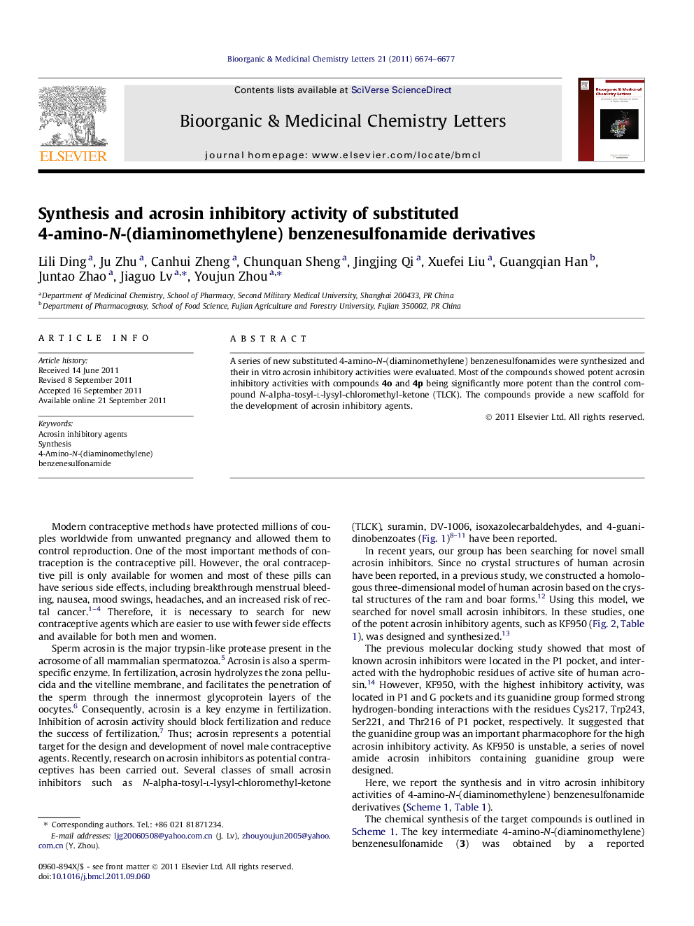 Synthesis and acrosin inhibitory activity of substituted 4-amino-N-(diaminomethylene) benzenesulfonamide derivatives