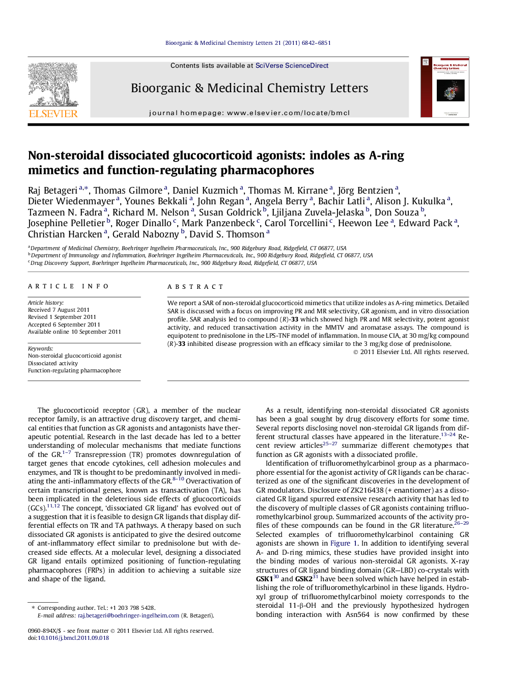 Non-steroidal dissociated glucocorticoid agonists: indoles as A-ring mimetics and function-regulating pharmacophores