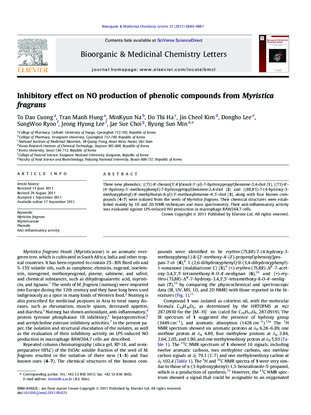 Inhibitory effect on NO production of phenolic compounds from Myristica fragrans