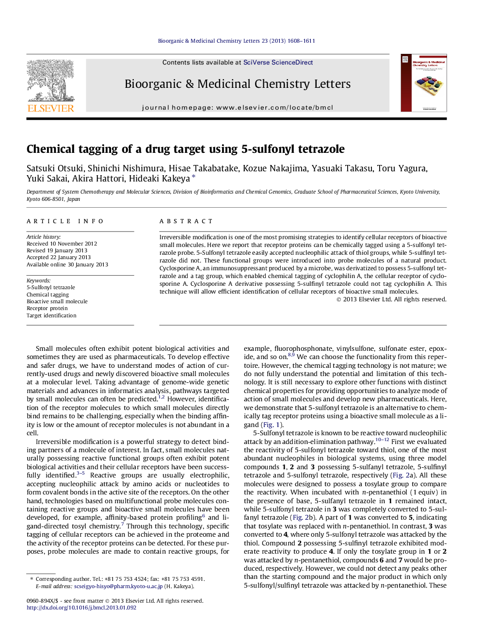 Chemical tagging of a drug target using 5-sulfonyl tetrazole