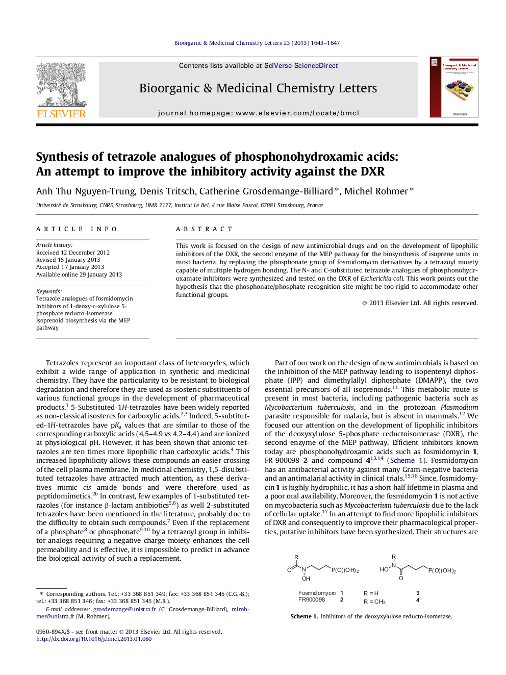 Synthesis of tetrazole analogues of phosphonohydroxamic acids: An attempt to improve the inhibitory activity against the DXR