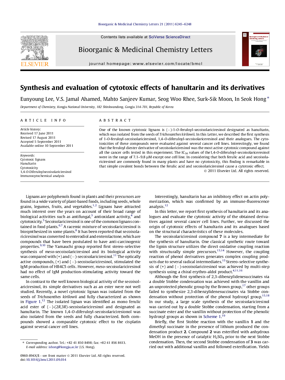 Synthesis and evaluation of cytotoxic effects of hanultarin and its derivatives