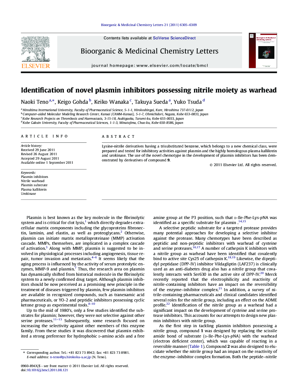 Identification of novel plasmin inhibitors possessing nitrile moiety as warhead