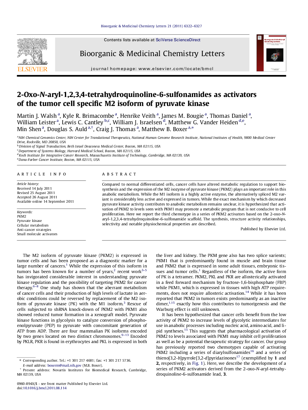 2-Oxo-N-aryl-1,2,3,4-tetrahydroquinoline-6-sulfonamides as activators of the tumor cell specific M2 isoform of pyruvate kinase