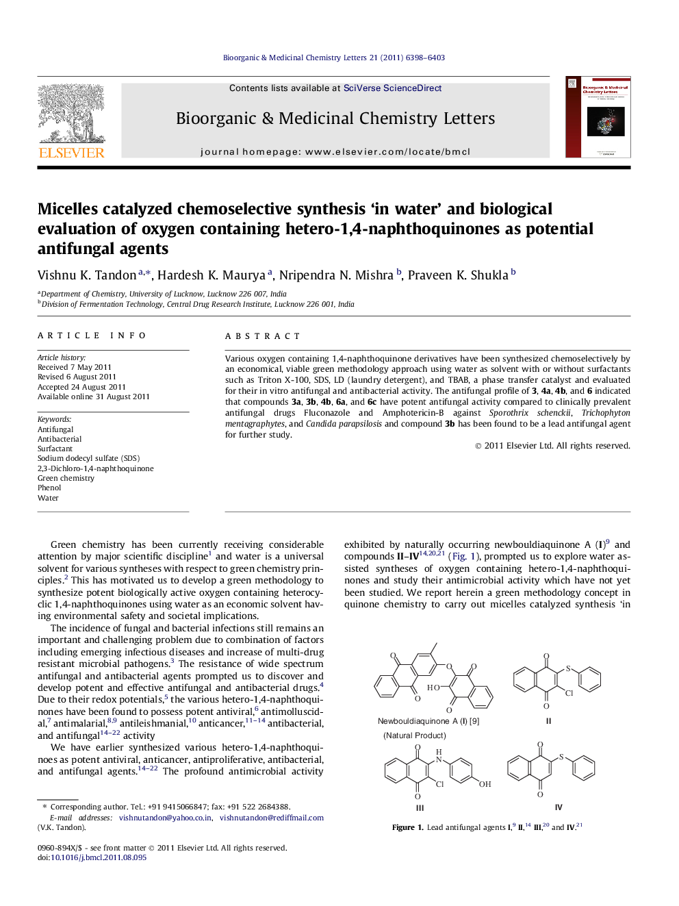 Micelles catalyzed chemoselective synthesis ‘in water’ and biological evaluation of oxygen containing hetero-1,4-naphthoquinones as potential antifungal agents