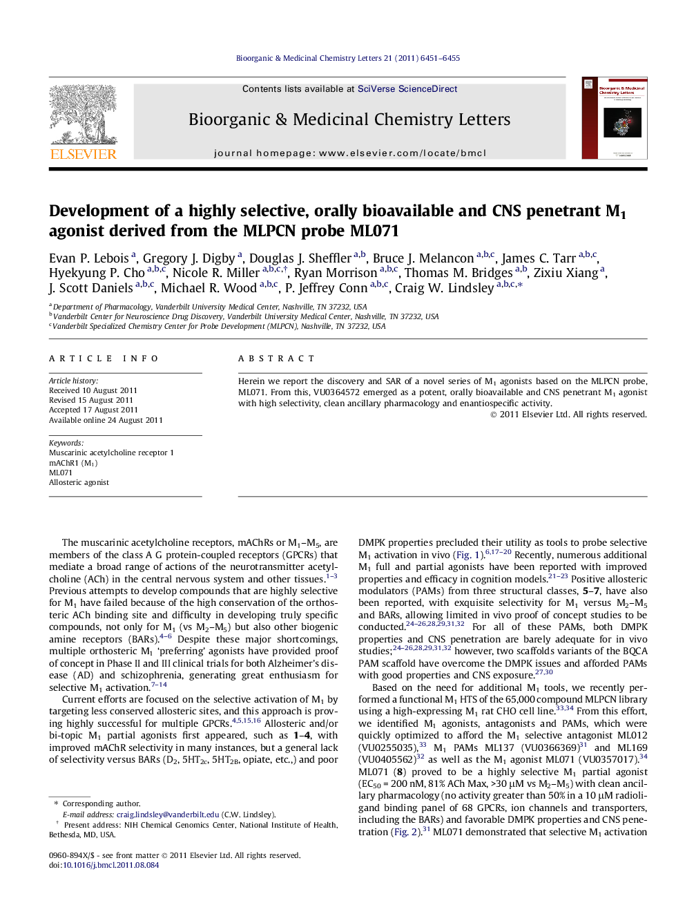 Development of a highly selective, orally bioavailable and CNS penetrant M1 agonist derived from the MLPCN probe ML071