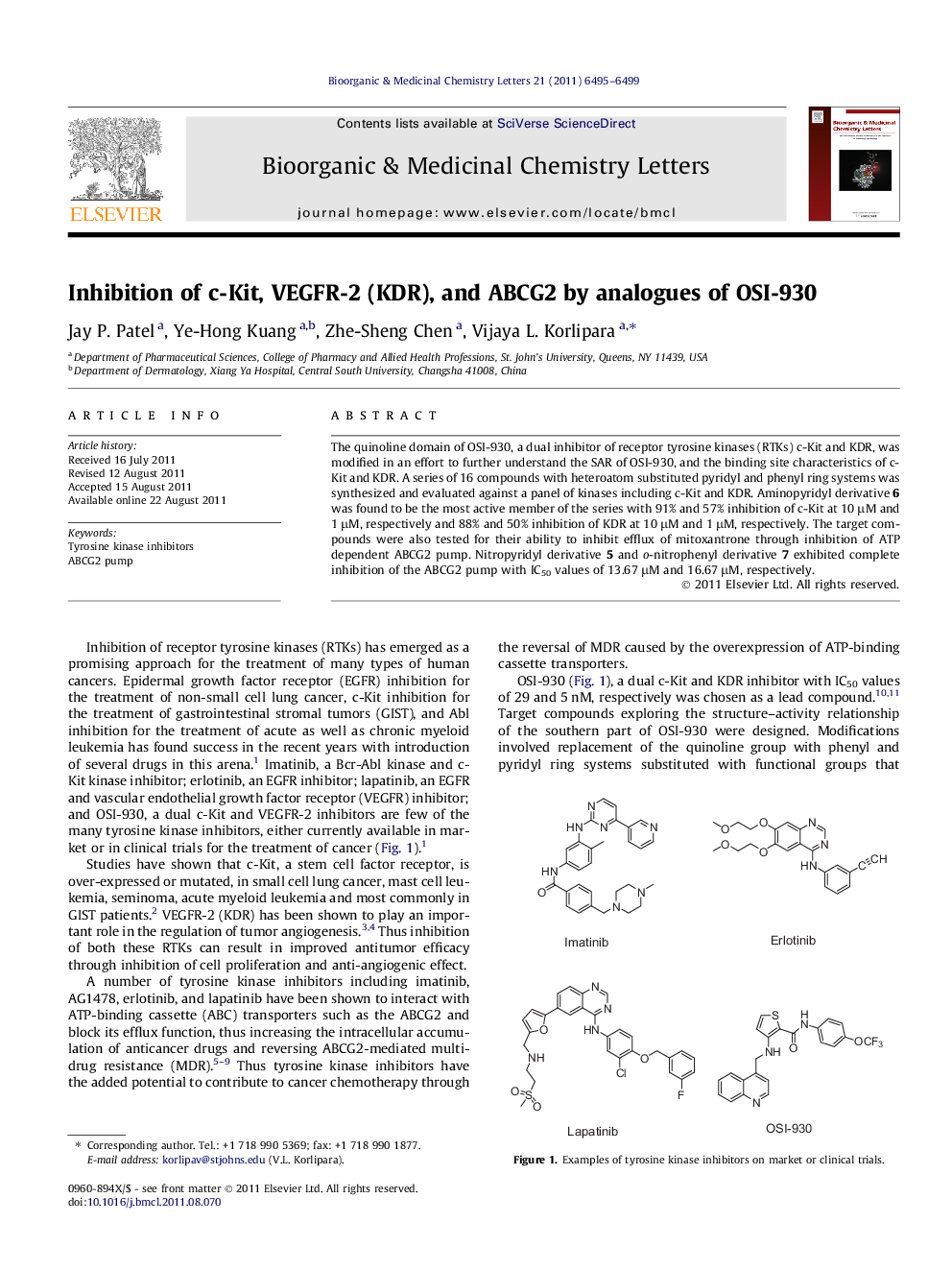Inhibition of c-Kit, VEGFR-2 (KDR), and ABCG2 by analogues of OSI-930