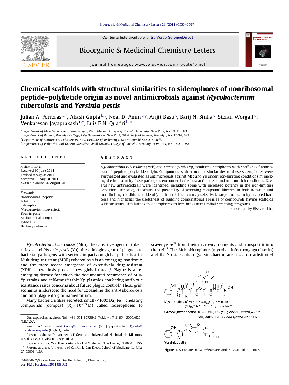 Chemical scaffolds with structural similarities to siderophores of nonribosomal peptide–polyketide origin as novel antimicrobials against Mycobacterium tuberculosis and Yersinia pestis