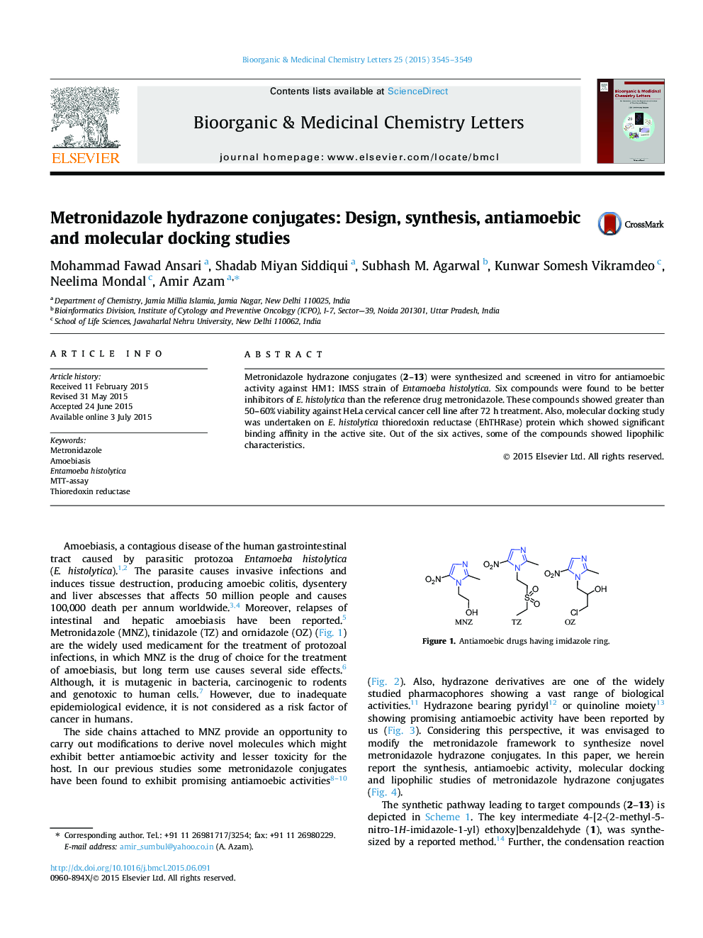 Metronidazole hydrazone conjugates: Design, synthesis, antiamoebic and molecular docking studies