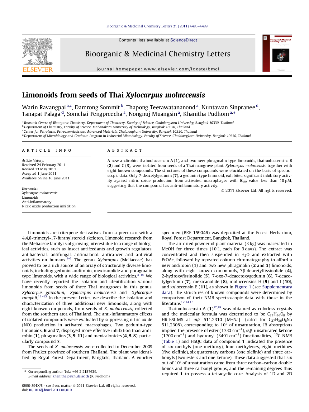 Limonoids from seeds of Thai Xylocarpus moluccensis