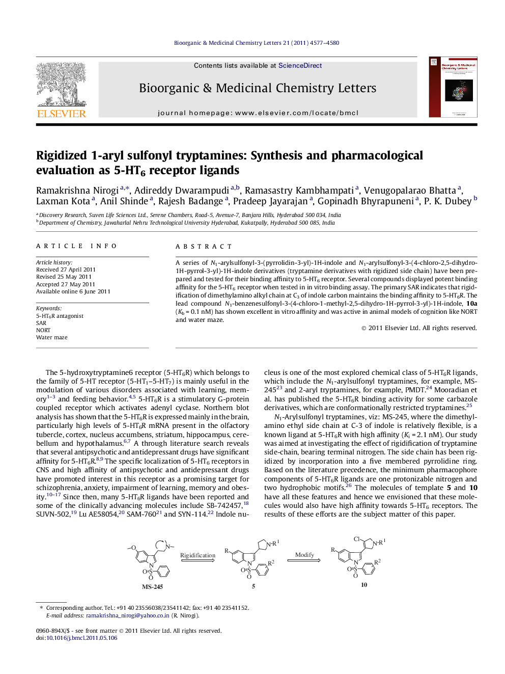 Rigidized 1-aryl sulfonyl tryptamines: Synthesis and pharmacological evaluation as 5-HT6 receptor ligands