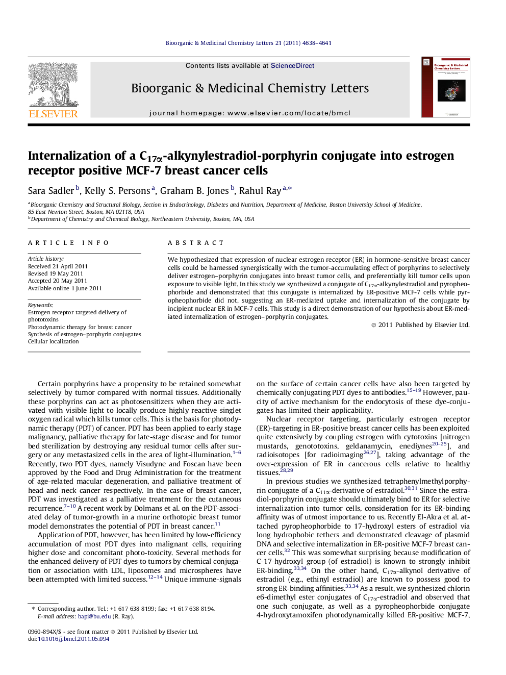 Internalization of a C17α-alkynylestradiol-porphyrin conjugate into estrogen receptor positive MCF-7 breast cancer cells