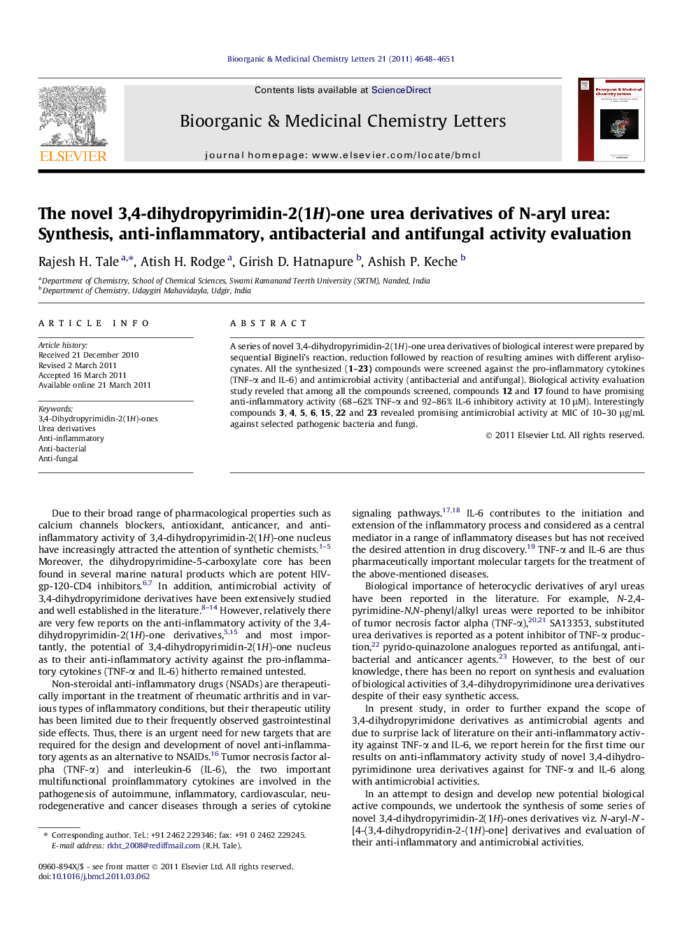 The novel 3,4-dihydropyrimidin-2(1H)-one urea derivatives of N-aryl urea: Synthesis, anti-inflammatory, antibacterial and antifungal activity evaluation