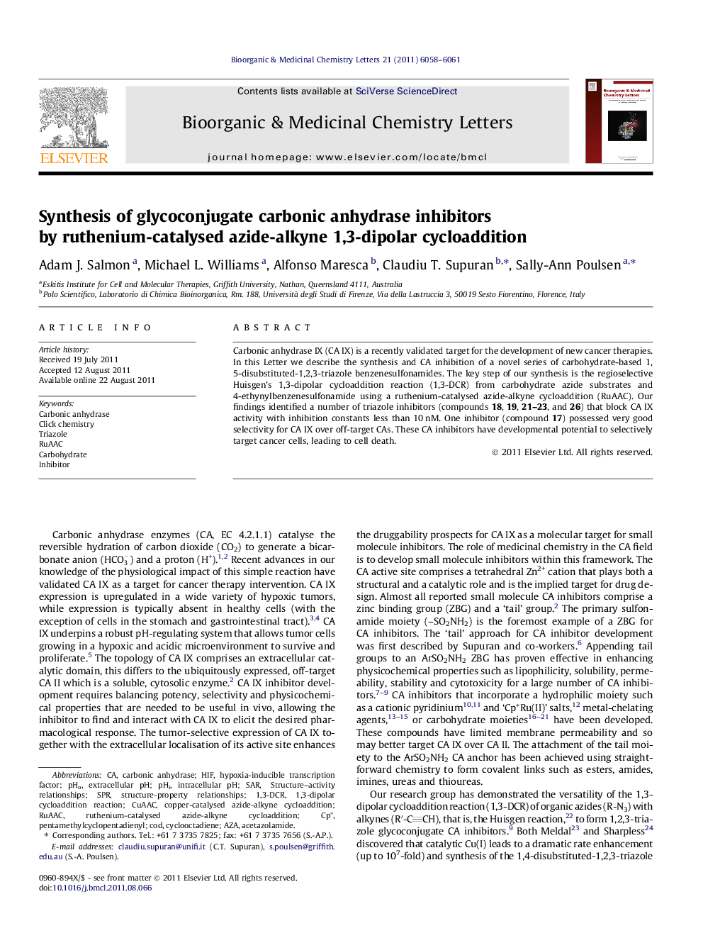 Synthesis of glycoconjugate carbonic anhydrase inhibitors by ruthenium-catalysed azide-alkyne 1,3-dipolar cycloaddition