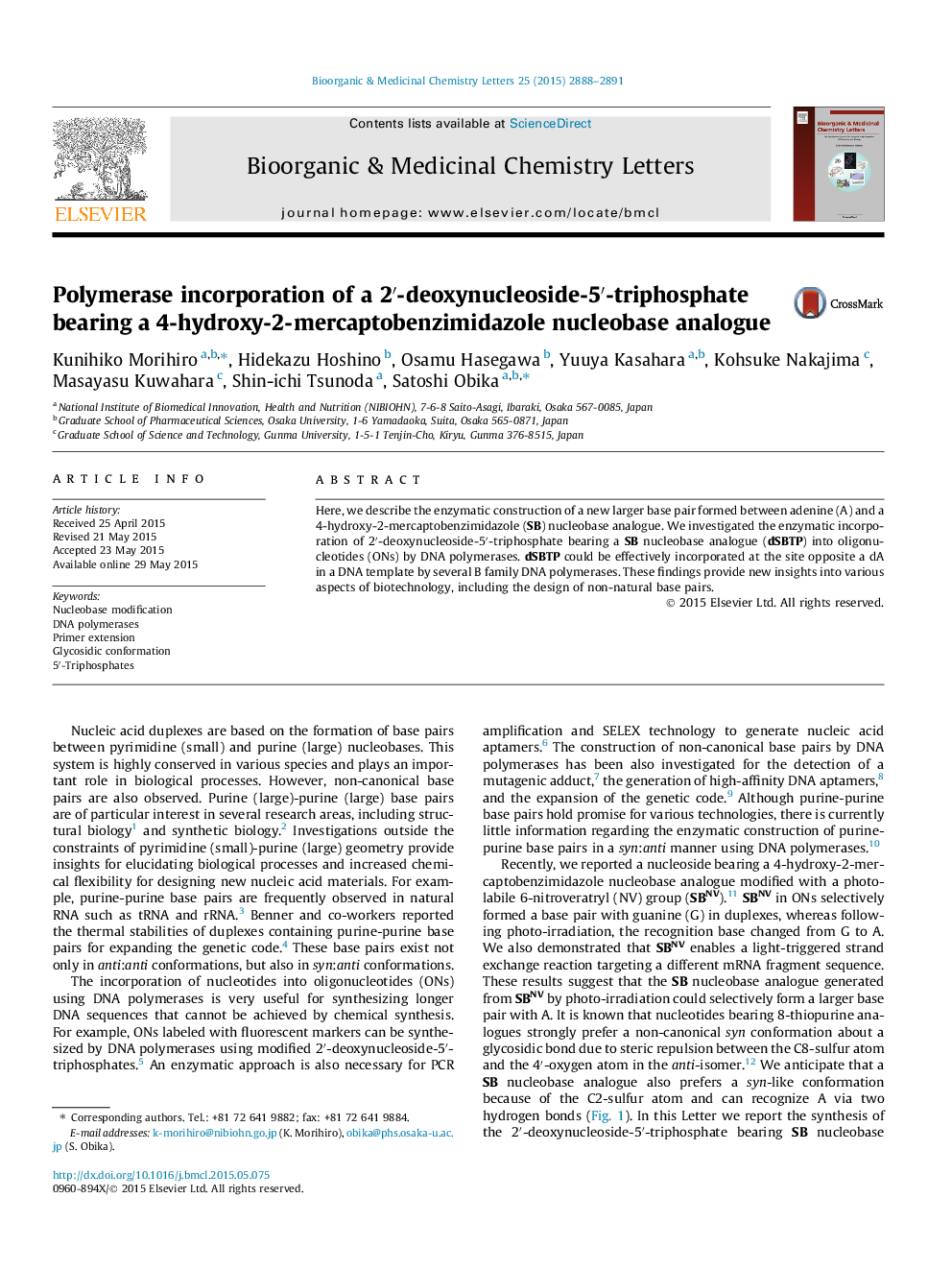 Polymerase incorporation of a 2′-deoxynucleoside-5′-triphosphate bearing a 4-hydroxy-2-mercaptobenzimidazole nucleobase analogue