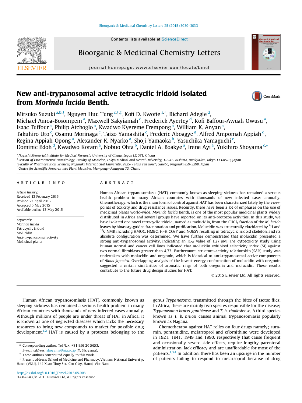 New anti-trypanosomal active tetracyclic iridoid isolated from Morinda lucida Benth.